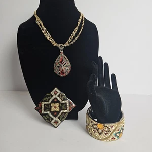 Stylish Statement Jewelry Lot Pendant Necklace, Enamel Brooch, Wide Cuff Bangle - Picture 1 of 20