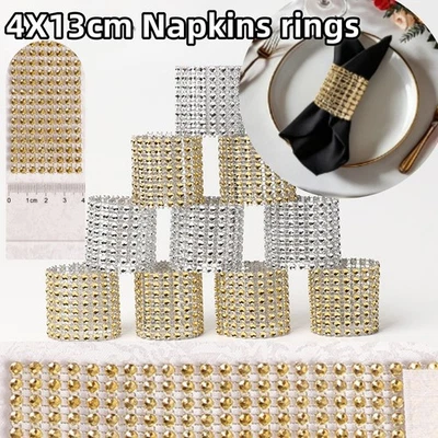 10X Diamond Fabric Table Napkin Gold/ Sliver Napkin Rings Classic Dinning Decor - Image 1 of 4
