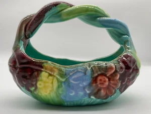 Vintage Floral Drip Glaze Pottery Basket Rope Twist Handle Raised Flower Design - Picture 1 of 12