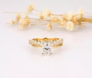 4-Prong 3CT Oval Cut Classic Moissanite Bridal Set Ring 14K Yellow Gold Plated - Picture 1 of 7