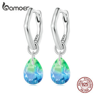 Bamoer 925 Sterling Silver Fashion Green Glass Water-drop Dangle Earrings Clips 