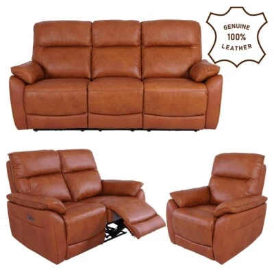 DANTE FURNITURE Salisbury Tan Real Leather Power Recliner Sofa 3 and 2 Seater Couch and Armchair