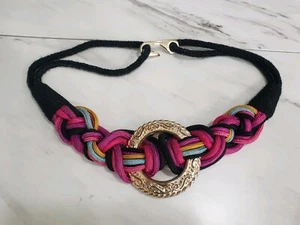 Vintage Women's M/L Black Macrame Braided Beaded Pearl Rope Belt 80s statement - Picture 1 of 10