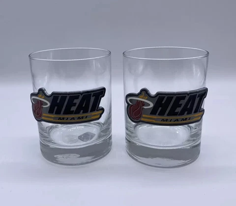 RARE - Miami Heat NBA 3D Team Logo Bourbon Whiskey Glass Set - 2010 Collectors Cover