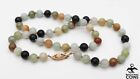 14k Yellow Gold Floral Clasp Multi-Color Jade Beaded Choker Necklace