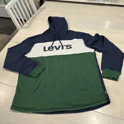 Levi’s Sweatshirt Adult L Spell Out Color block hooded Navy Blue, Green & White￼ - Image 1 of 4