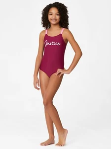 NWT Justice Girl Swimsuit One Piece Swimwear Size 8 10 Burgundy Purple Pink Logo - Picture 1 of 5