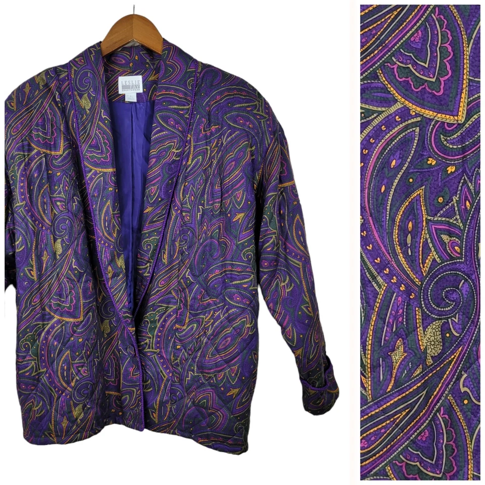 Abrigo Chaqueta Bombardero Acolchada Vintage Años 90 Talla 6 Abotonada Púrpura Paisley Foto 1 de 4