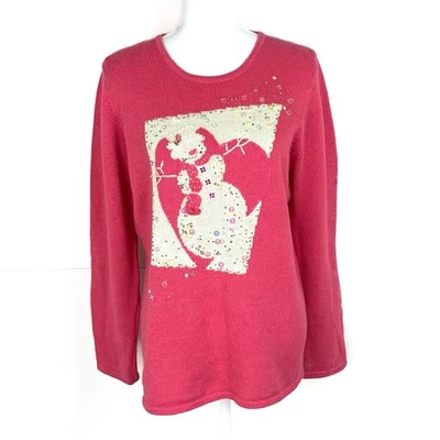 Suéter Pullover Vintage Susan Bristol Mujer L Muñeco de Nieve Cuentas Rosa Algodón Ramio Foto 1 de 4