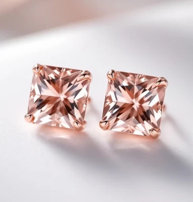 Natural Morganite Gold Stud Everyday Stud 9K Rose Gold Earrings Gift For Him - Image 1 of 3