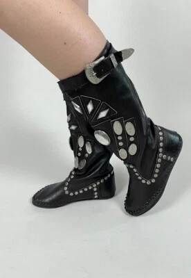 Stivali donna vintage anni 70/80 neri Navaho Wester piatti in pelle impreziositi - Immagine 1 di 4