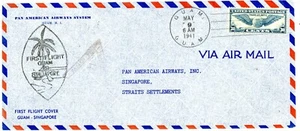 USA C24 ON HANDSOME 1941 FIRST FLIGHT PAN AM COVER GUAM TO SINGAPORE RETAIL $30 - Bild 1 von 1