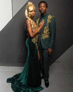 Vestido de noche de terciopelo verde sirena de graduación de lujo dorado con estrás con cuentas - Imagen 1 de 4