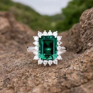 18K Gold Plated Halo Moissanite Emerald Solitaire Engagement Silver Ring For Her - Picture 1 of 6
