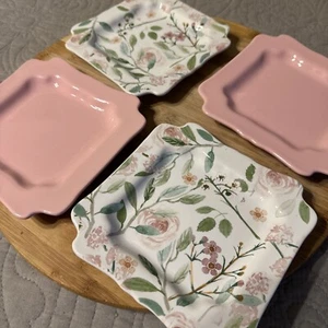 Süße Lorbeer Quadratische Dessertteller 6" 4er Set Rosa Blumen Viktorianischer Stil EUC - Bild 1 von 8