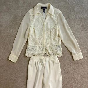 Evan-Picone Lace Blouse & Pants Set Sheer Sleeves Pearl Buttons Size 12 - Picture 1 of 15