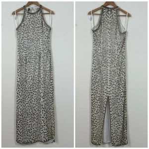Vintage Laurence Kazar Silk Beaded Halter Maxi Gown Size M Silver Ivory - Picture 1 of 12