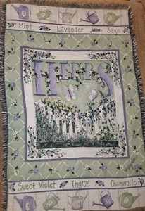 HERBS gardening lover Woven Tapestry Afghan Fringe Throw Blanket 67x42 EUC - Picture 1 of 8