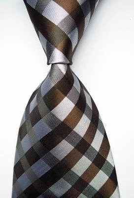 New Classic Checks Brown White JACQUARD WOVEN 100% Silk Men's Tie Necktie - Image 1 of 2