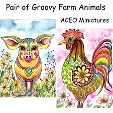 Groovy Pair on the Farm - Pig and Rooster ACEO ATC Original Watercolors LJG