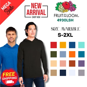 Fruit Of The Loom 4930LSH Unisex Long Sleeve HD Cotton Jersey Hooded T-Shirt - Picture 1 of 14
