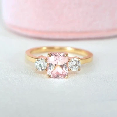 Natural Pink Tourmaline 10k Solid Yellow Gold Rings Moissanite Engagement Rings - Image 1 of 4