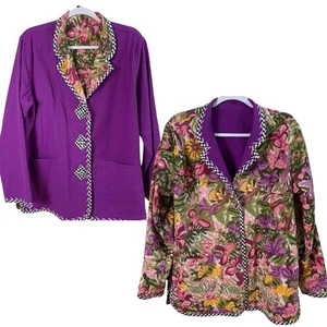 Koos of Coursee! Size M Linen Blend Art to Wear Reversible Floral Jacket Purple - Picture 1 of 12