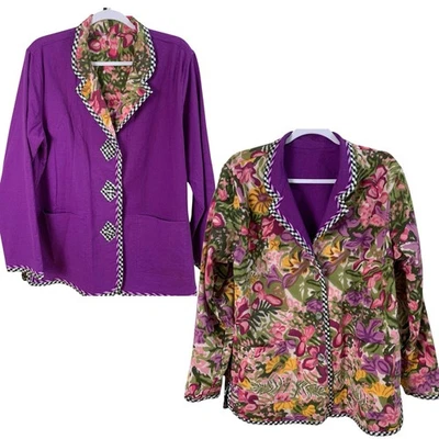 Koos of Coursee! Size M Linen Blend Art to Wear Reversible Floral Jacket Purple - Image 1 of 4
