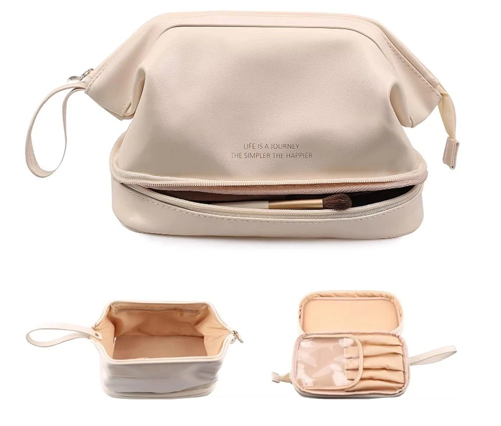 Bolsa De Maquillaje De Viaje - Gran Capacidad - Con Divisor Y Espacio Para Brochas - Color Beige