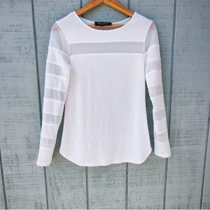 Weekend by Frank Lyman Sheer Mesh Panel Long Sleeve Top sz S White Fem Modern - Picture 1 of 8