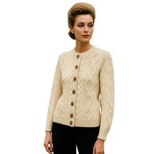 Vintage Handarbeit Creme Zopfmuster Strickjacke Knopfleiste Grobstrick Wollpullover - Bild 1 von 5
