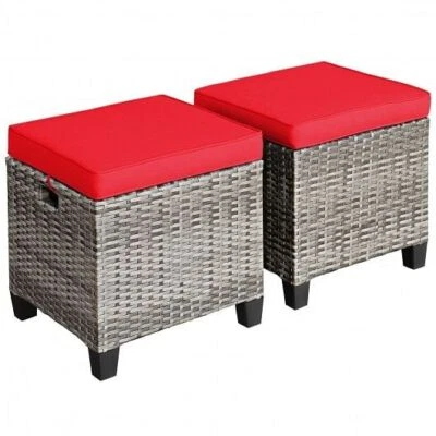2PCS Patio Rattan Wicker Ottoman Seat with Removable Cushions-Red - Color: Red - Image 1 of 4