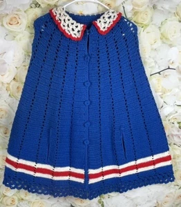 Handmade Crochet Shawl Wrap Sweater Raggedy Ann Red White Blue Vintage 70's - Picture 1 of 18