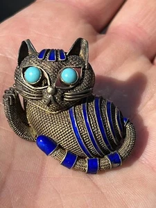 Broche prendedor turquesa plata esterlina oro malla esmalte azul gato chino vintage - Imagen 1 de 9