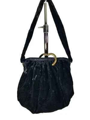Black Velvet Vintage Handbag Pouch Satin Lined Evening Bag Purse  - Image 1 of 4
