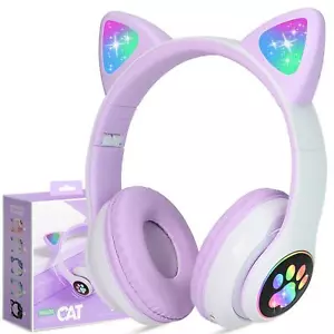 TCJJ Kids Wireless Headphones Cat Ear LED Light Up Bluetooth Foldable Headphones - Picture 1 of 6
