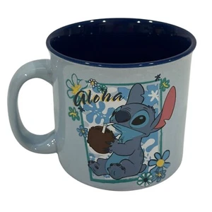 Disney Aloha Stitch Coconut Flowers 20oz Ceramic Camper Mug Blue EUC - Picture 1 of 5
