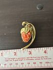 Vintage 1950’s ART Strawberry Brooch- Signed, Faux Coral & Green Enamel