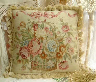 16" Elegant Roses Basket Vintage Country Beautiful Needlepoint Pillow Cushion - Image 1 of 4