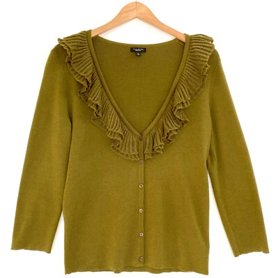 Suéter Cárdigan Talbots Mujer Mezcla Lana Talla M Verde Oliva Volantes Manga 3/4 Foto 1 de 4