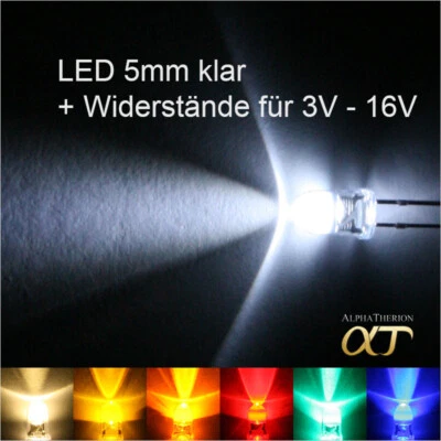 LED 5mm Weiß , Warmweiß , Gelb , Orange , Rot , Grün , Blau + Widerstände 3V-16V - Bild 1 von 4