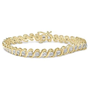 14K Yellow Gold Plated .925 Sterling Silver Round Diamond Curve Tennis Bracelet - Picture 1 of 6