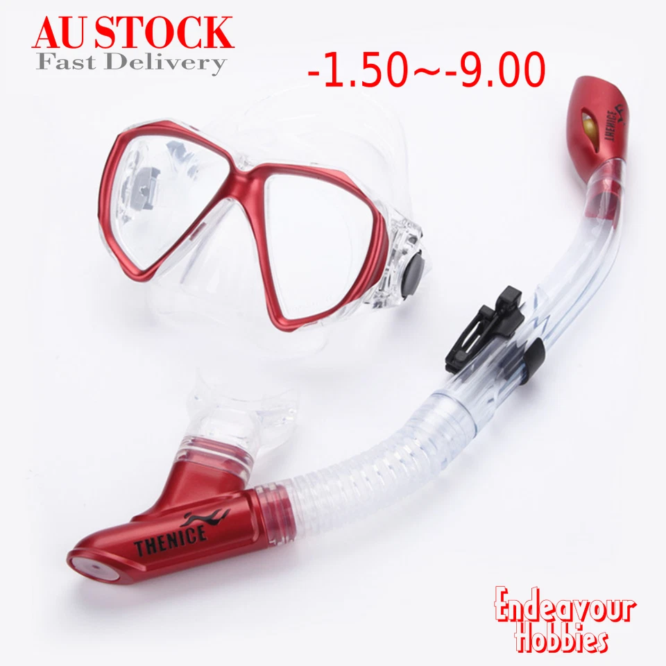 Prescription Myopia Scuba Diving Snorkel set dive goggles face mask, Red - image 1 of 1