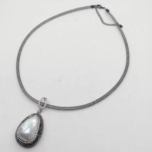 19'' Gunmetal Plated Net Collar Necklace 24x31MM White Keshi Pearl Pendant - Picture 1 of 7