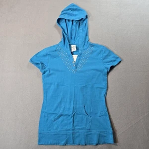 Canyon River Blues Shirt Womens XL Blue Hooded Short Sleeve V-Neck Studded - Picture 1 of 10