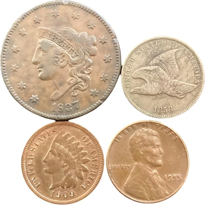 Juego de monedas antiguas de centavo vintage. Centavo grande cabello trenzado. 1839-1857, águila voladora Foto 1 de 4