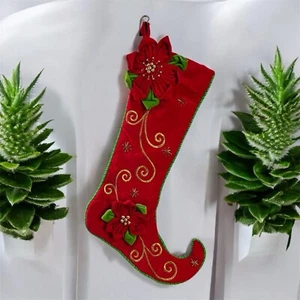 Calza natalizia vintage ornata con perline rossa Poinsettia velluto elfo punta arricciata 3D - Foto 1 di 12