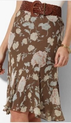 Lauren Ralph Lauren Irina Silk Floral Cocoa Godet Pleats Knee Length Skirt S M L - Image 1 of 4