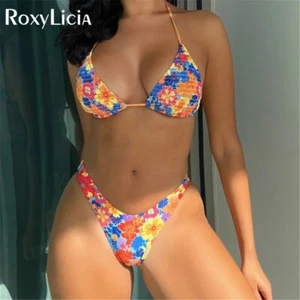 Sexy Conjunto de Bikini Brasileño Halter Estampado Floral Mujeres Traje de Baño Dos Piezas - Imagen 1 de 11