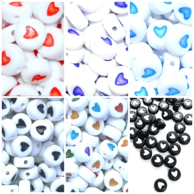 100-500pcs white & black flat round hearts in various colours acrylic beads 7 mm - Image 1 of 3